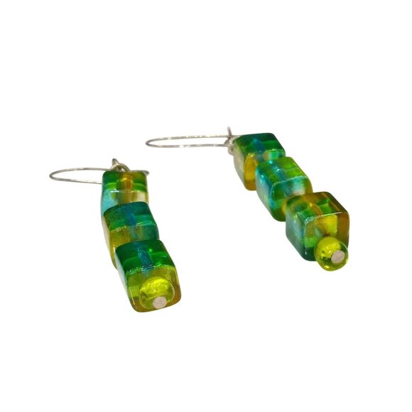 Givre Art Glass Modernist Earrings with Blue Faceted Glass Cubes, Vintage Dangle - Picture 2 of 4